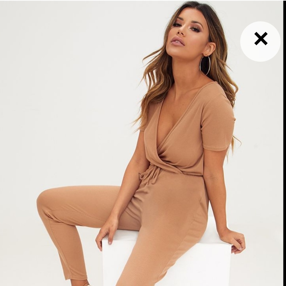 Camel Ribbed Wrap Jumpsuit